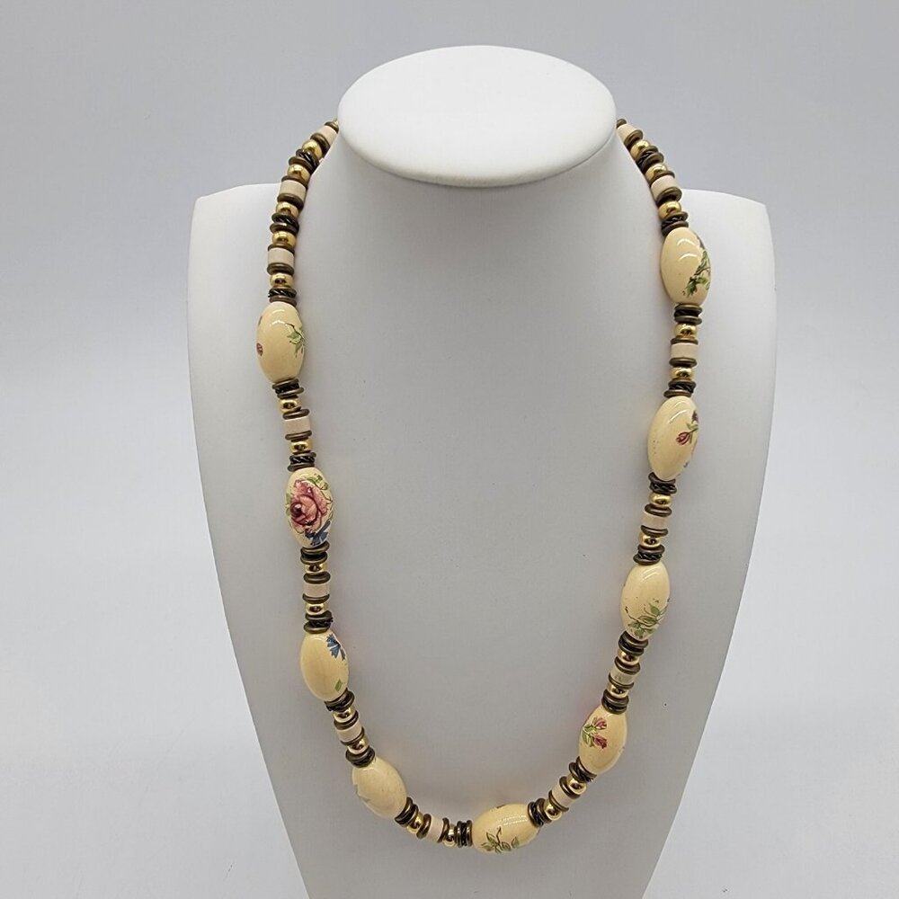 Vintage Porcelain Floral Beaded‎ Necklace Flowers Roses Cream Color